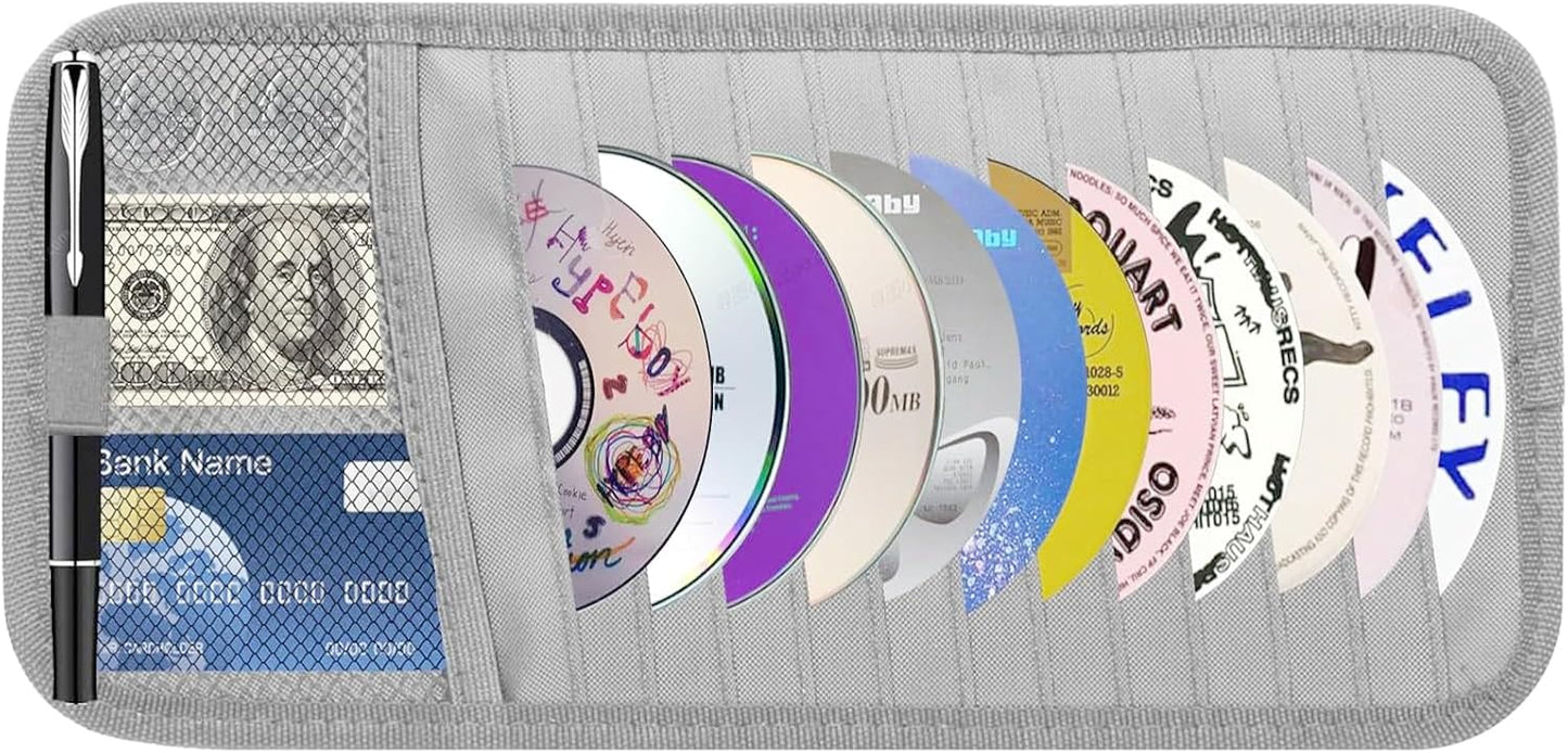 CD Visor Holder for Car, Large Capacity CD & DVD Visor Case, Vehicle Visor Storage Organizer with 12 Disc Sleeves, 1 Mesh Pocket 1 Pen Holder and & Elastic Band (Black)