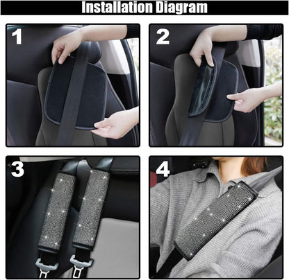GLSOWEE 2PCS Bling Car Seat Belt Shoulder Pads, Bling Rhinestones Seat Belt Covers for Women, Car Seatbelt Strap Pad with Crystal Diamond, Car Interior Accessories for Car SUV (Black Diamond)