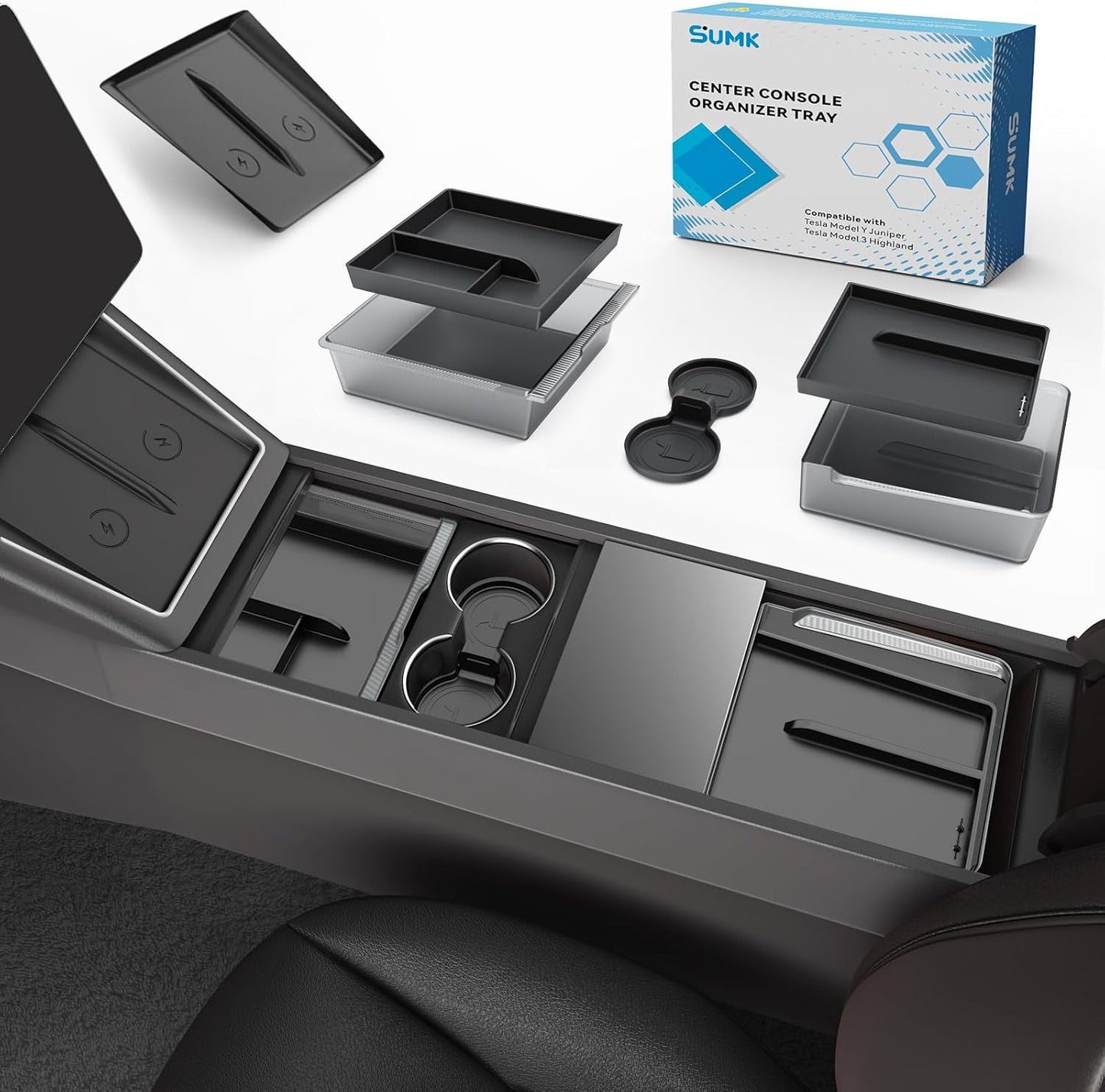 Center Console Organizer Tray for Tesla Model Y Juniper 2026 2025 (Premium & Performance), 8PCS - PC Material & Silent Silicone Armrest Storage Box Bottom Liners Wireless Charging Pad Cup Holder