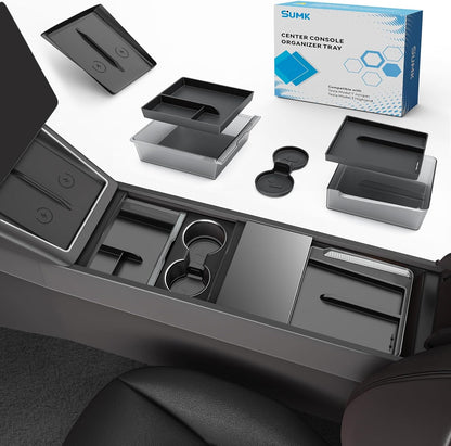 Center Console Organizer Tray for Tesla Model Y Juniper 2026 2025 (Premium & Performance), 8PCS - PC Material & Silent Silicone Armrest Storage Box Bottom Liners Wireless Charging Pad Cup Holder