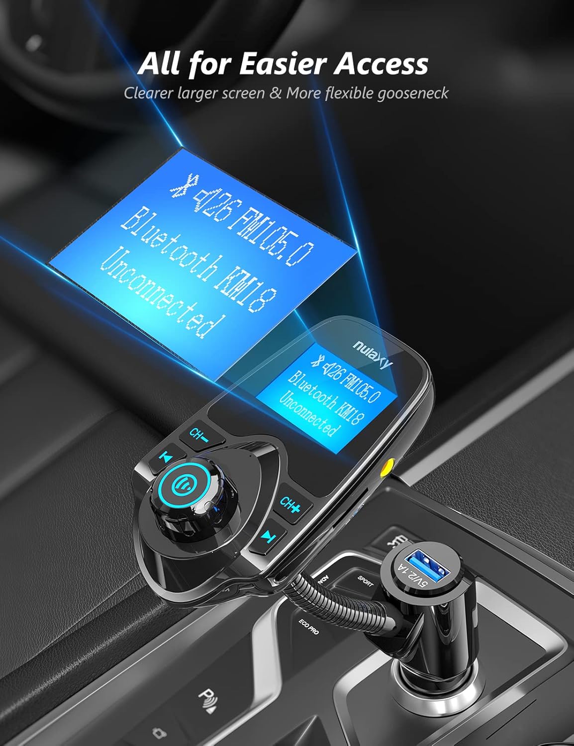 Nulaxy KM18 Bluetooth 5.4 Car Adapter with 1.44" Clear Display & Flexible Gooseneck - FM Radio Transmitter & Bluetooth Receiver for Hands-Free Calls, Wireless Music via BT/FM/AUX/TF, USB Car Charger
