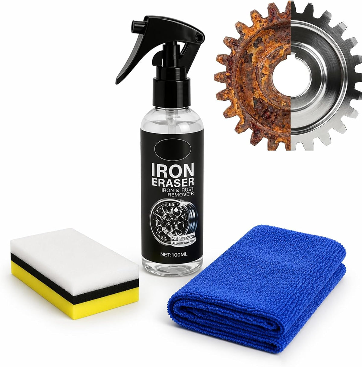Iron Eraser Rust Remover Spray for Car Wheels & Paint, 100ML Rust And Brake Dust Cleaner For Wheels & Paint, Fast Acting Automotive Iron Fallout Towel + Sponge