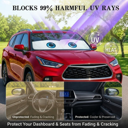 Car Windshield Sun Shade, Funny Cartoon Eyes Sun Visor for Car Windshield Universal Fits Sedan Compact Car Hatchback SUV, UV Heat Protection - 59 x 27.5