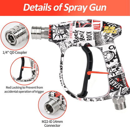 BEAR FORCE Pressure Washer Short Spray Gun M22-ID14mm Max 3000 PSI & Foam Cannon Foam Gun with 5 Tips #035 & 3/8'' Quick Connector Swivel, Additional Orifice Nozzle 1.10mm, Car Care Detailing