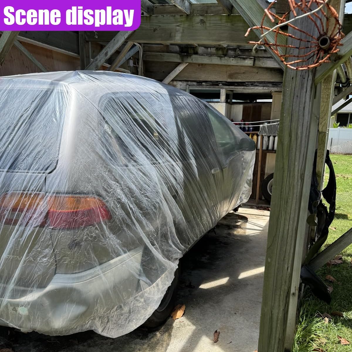 4PCS Disposable Car Cover, 12. 5 x 21. 7Ft Waterproof Clear Plastic Full Car Cover with Elastic Band, Universal Dustproof Auto Protective Cover, Car Exterior Accessories for Sedan, Truck, SUV