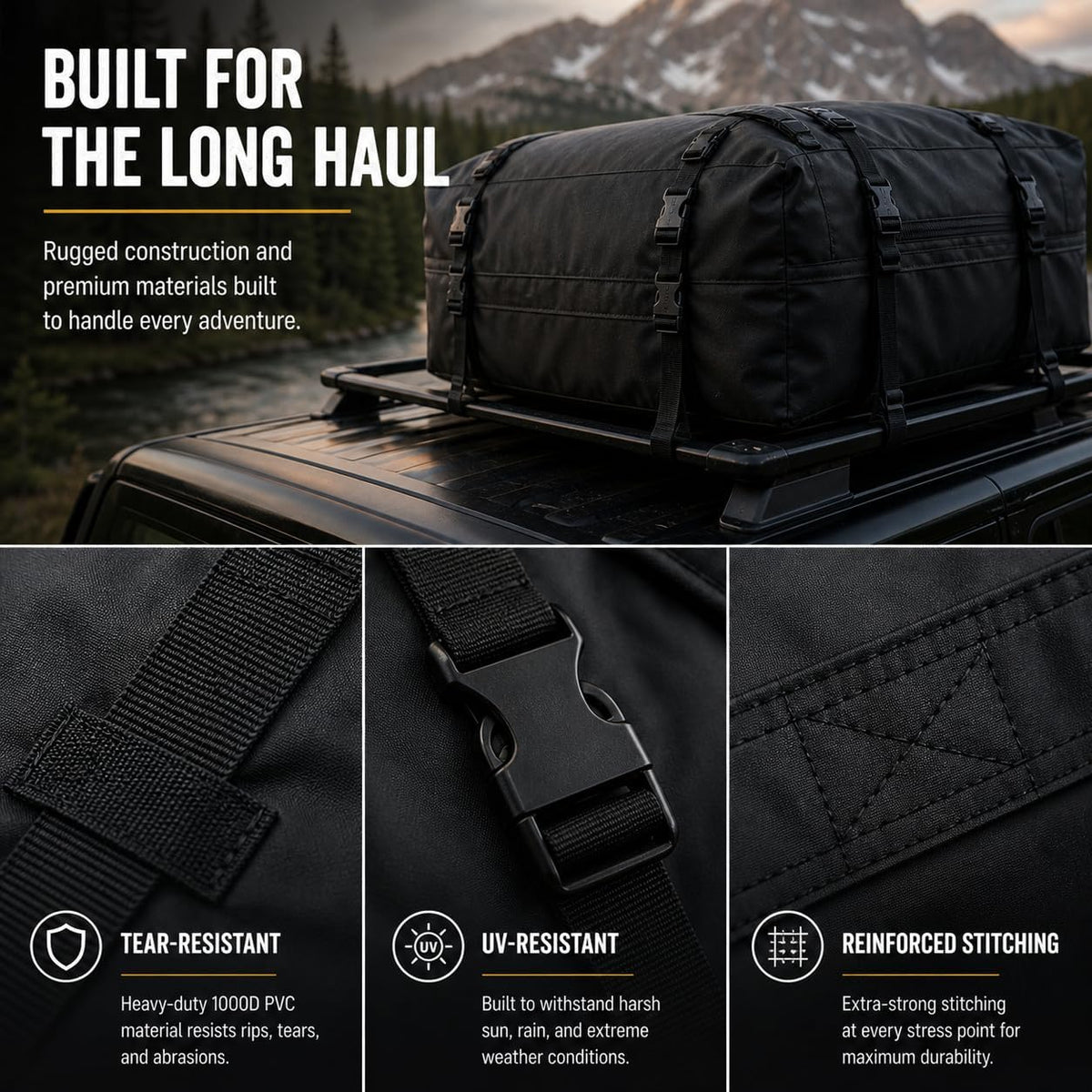 SR1 Performance USA Waterproof Rooftop Cargo Bag – Car Roof Carrier for Cars/SUVs with/Without Rack, Includes Non-Slip Mat, Heavy-Duty Straps, Lock for Secure Travel Storage (20 Cubic Feet, Jeep Logo)