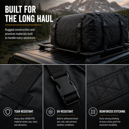 SR1 Performance USA Waterproof Rooftop Cargo Bag – Car Roof Carrier for Cars/SUVs with/Without Rack, Includes Non-Slip Mat, Heavy-Duty Straps, Lock for Secure Travel Storage (20 Cubic Feet, Jeep Logo)