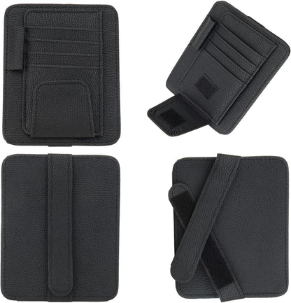 Small Leather Sun Visor Organizer for Car and Truck - Sunglass Holder, Card Sleeve Pocket, Document Holder for Registration, Driving License, Insurance, Pen, Chapstick