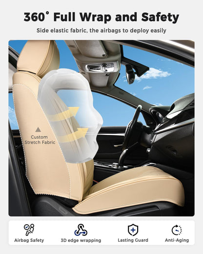 Huidasource Coffee Seat Covers Full Set, Universal Fit for Most Cars Trucks SUV, Full Coverage Leather Seat Cover, Airbag, Cupholder Compatible, Velcro Adjustable, Heaating/Cooling Function Retain