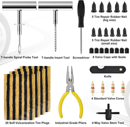 Tire Repair Kit with Tire Plug & Rubber Nail Solutions, Tire Screw Plug Kit with Screwdriver, Professional Heavy Duty Emergency Flat Tire Repair for Car, Truck, Motorcycle, Tractor, Mower, Wheelbarrow