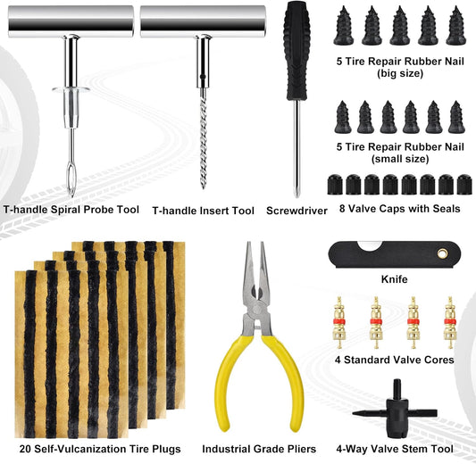 Tire Repair Kit with Tire Plug & Rubber Nail Solutions, Tire Screw Plug Kit with Screwdriver, Professional Heavy Duty Emergency Flat Tire Repair for Car, Truck, Motorcycle, Tractor, Mower, Wheelbarrow