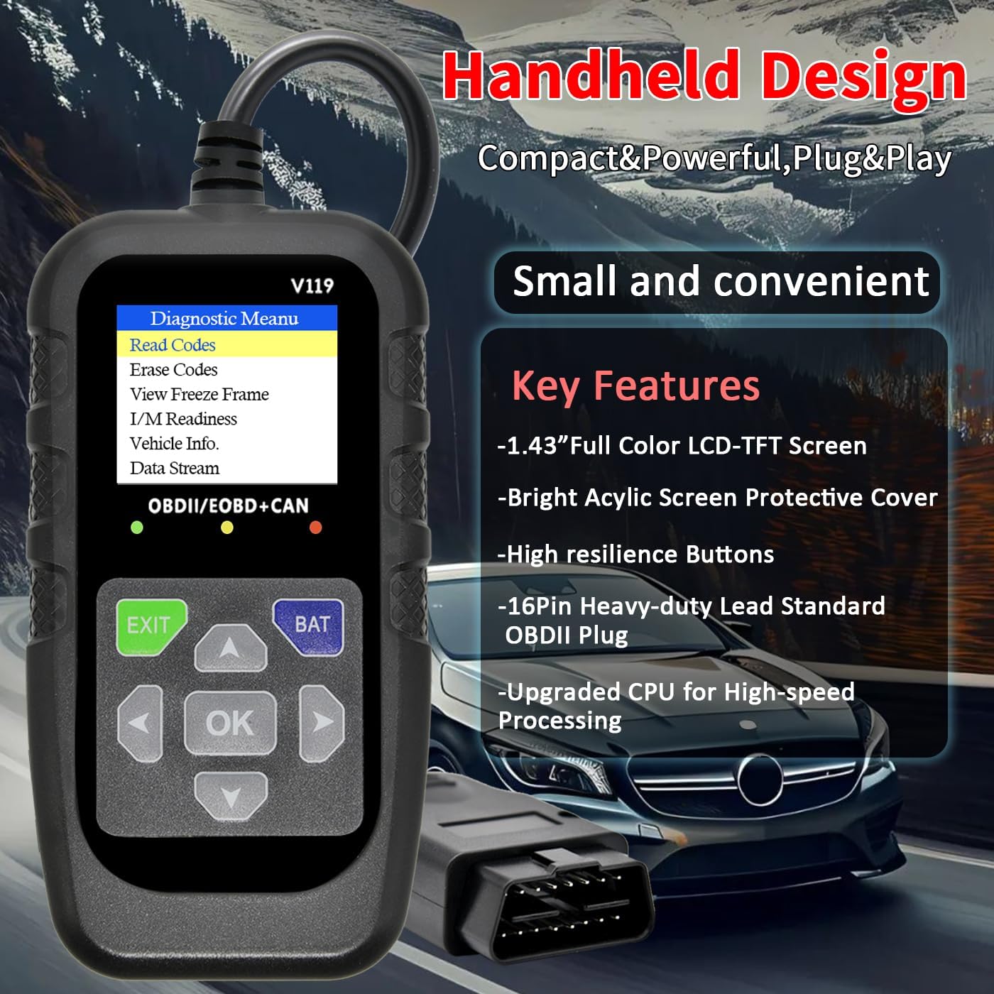 Car OBD2 Scanner Diagnostic Tool, Code Reader, Voltage Tester, Check Engine Light Fault Code, OBD2/EOBD for OBDII Protocol Car & Truck Since 1996+