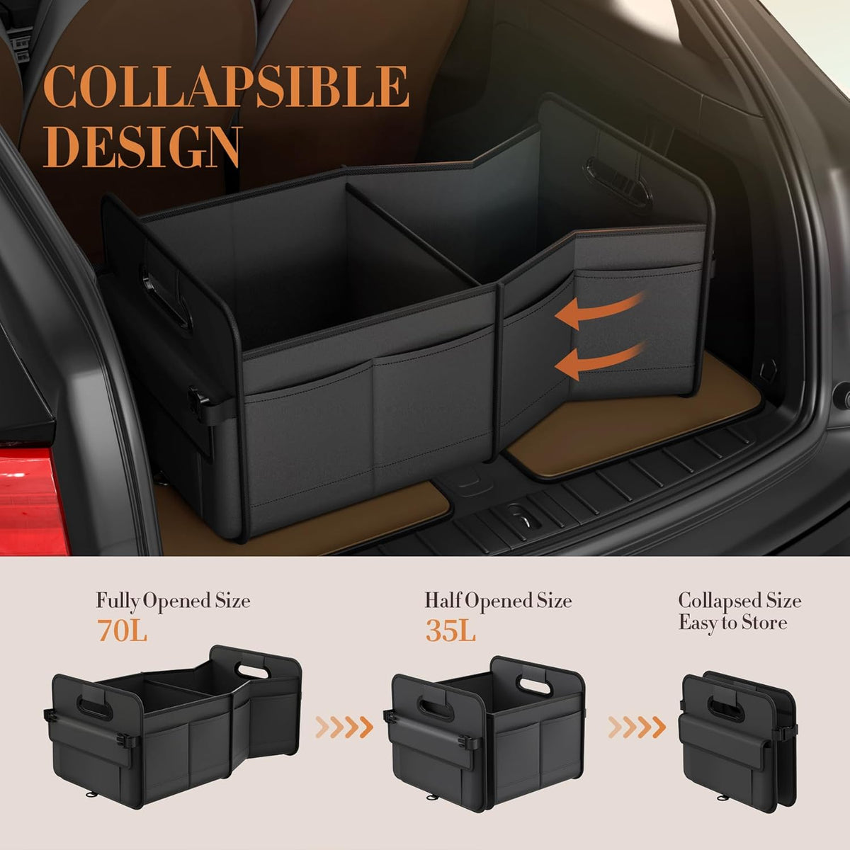 titiyiof Trunk Organizer For Suv & Sedan,Car Organizers and Storage, Waterproof Collapsible & Adjustable Straps,Sturdy Car Organization for Car Accessories, Tools,Food，Sundries,2-3 Compartment（Beige）