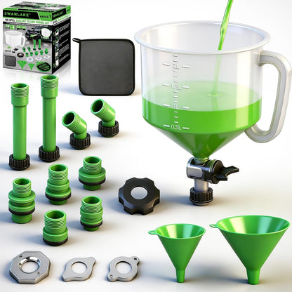 20-Piece Engine Oil Funnel Kit, 1.59QT/1.5L Oil Funnel Set with 12 Adapters, Siphon Hose Pump, Towel, Elbow Fitting, Arrow Screen and Magnetic Storage Hooks Tray, Compatible with GM/Ford/BMW/Audi Etc.