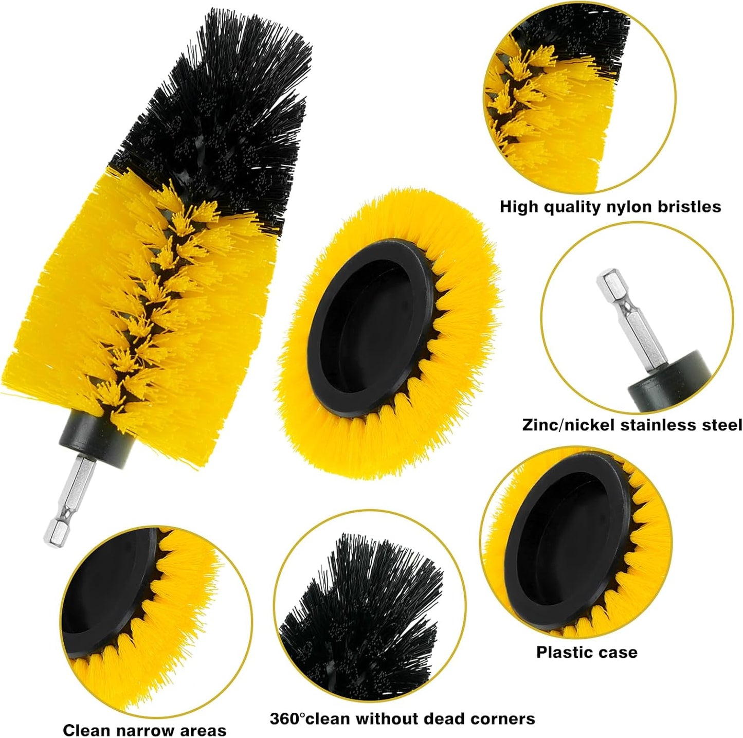 8 Pcs Drill Brush Attachment Set, Power Cleaning Scrub Brush Kit with Extend Long Attachment, All Purpose Drill Scrub Brushes for Car, Grout, Floor, Tub, Bathroom and Kitchen (Yellow)