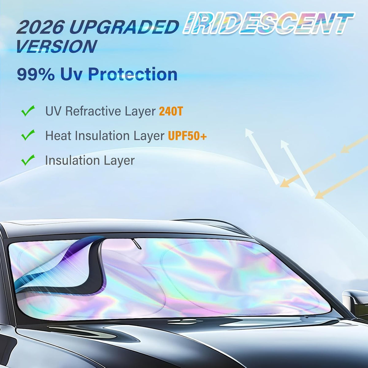 Iridescent Sun Shade for Car Windshield, Foldable Windshield Sun Shade, Universal Car Sun Shade Windshield, Upgrade Cover Sunshade Enhanced UV Rays Reflective Sun Visor Shade Keeps Vehicle Cool