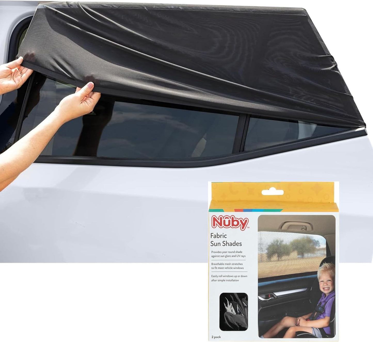 Nuby 14" Roller Vehicle Side Window Sun Protection Shade for Baby | 2 Pack | Pull Down with Suction Cups and Press Button Roll Up | Black