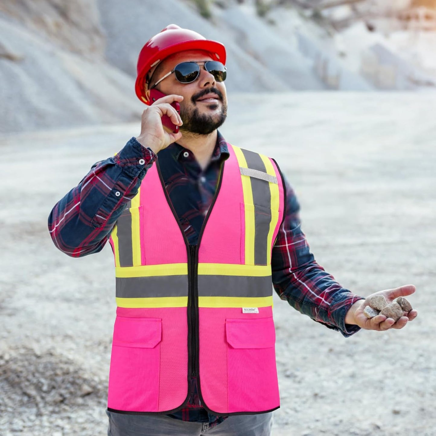 High Visibility Reflective Safety Vest with Zipper and Pockets Orange,M