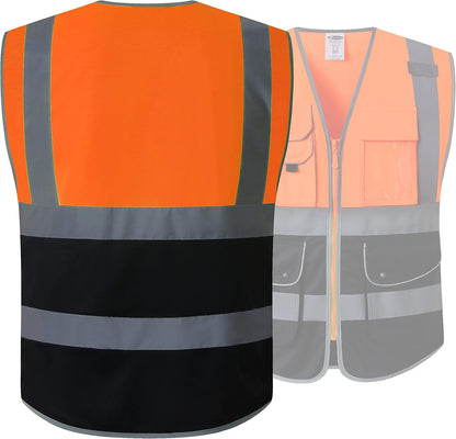 JKSafety 9 Pockets Class 2 High Visibility Zipper Front Safety Vest With Reflective Strips,Meets ANSI/ISEA Standard (Large, 150-Yellow) - Colors A