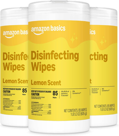 Amazon Basics Disinfecting Wipes, Lemon & Fresh Scent, Sanitizes, Cleans, Disinfects, Deodorizes, 340 Count (4 Packs of 85), Packaging May Vary