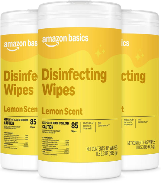 Amazon Basics Disinfecting Wipes, Lemon & Fresh Scent, Sanitizes, Cleans, Disinfects, Deodorizes, 340 Count (4 Packs of 85), Packaging May Vary