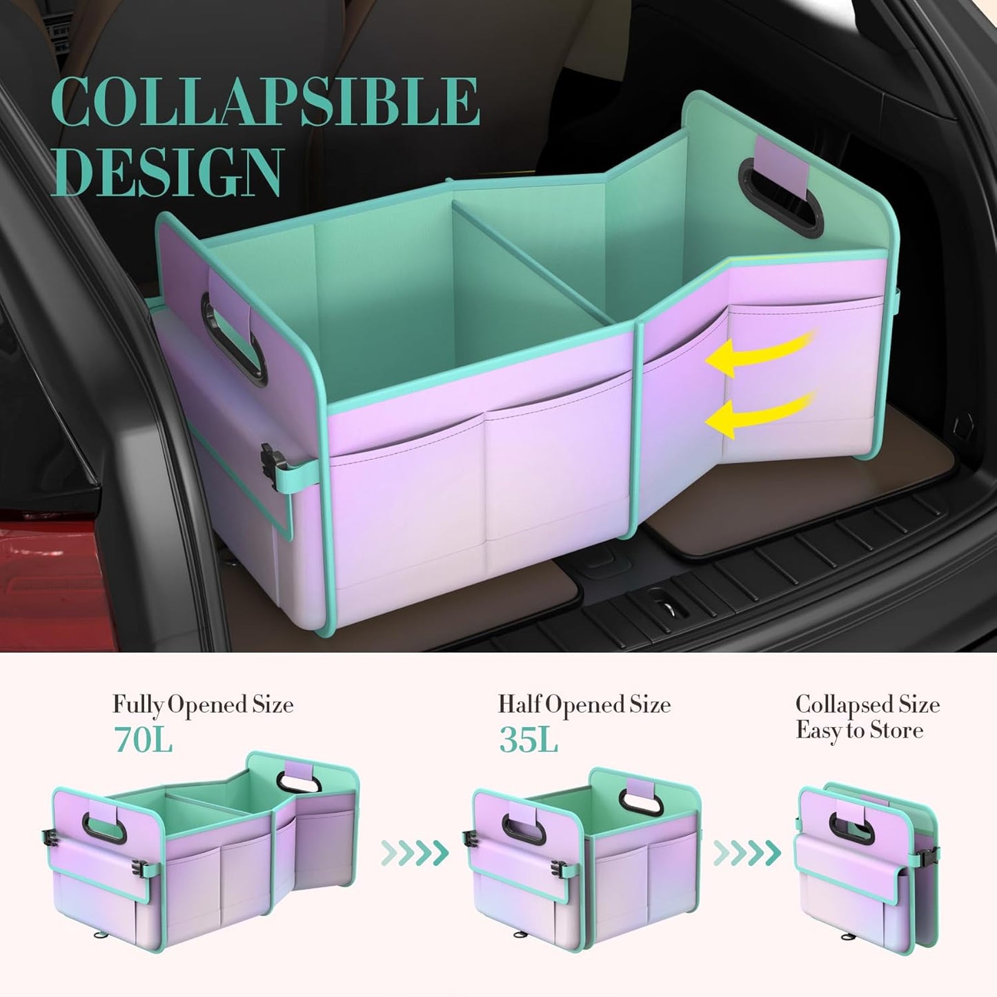 titiyiof Trunk Organizer For Suv & Sedan,Car Organizers and Storage, Waterproof Collapsible & Adjustable Straps,Sturdy Car Organization for Car Accessories, Tools,Food，Sundries,2-3 Compartment（Beige）