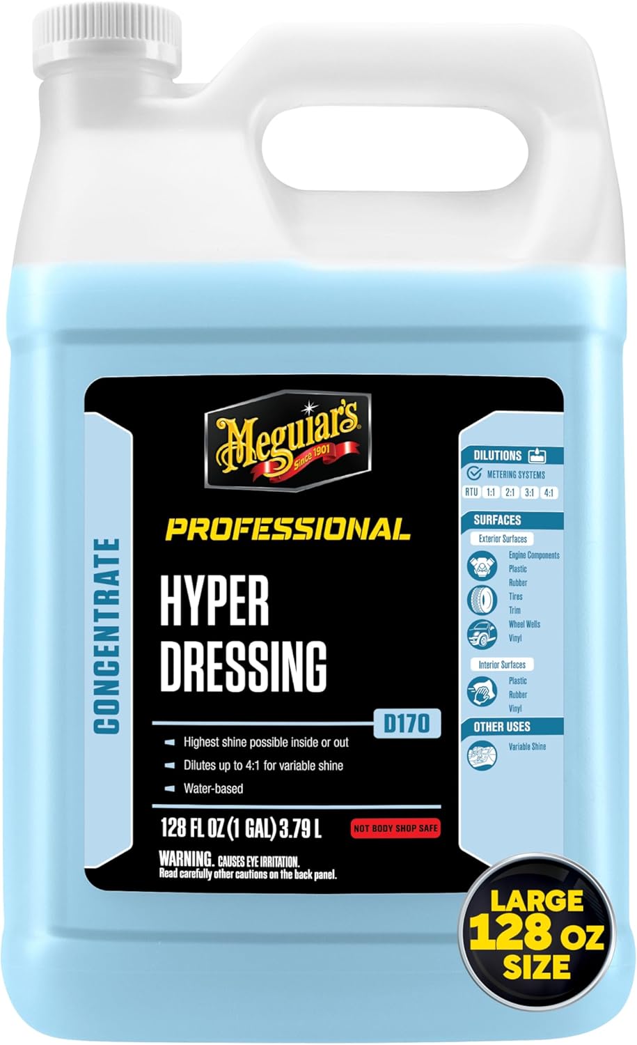 Meguiar's Hyper Dressing, 1 Gallon, Trim Shine For Drivers & Detailers— Car Wash Soap Restores Gloss And Deep Black Look; Use On Plastic And Rubber Trim, Tires, Bumpers And Wheel Wells