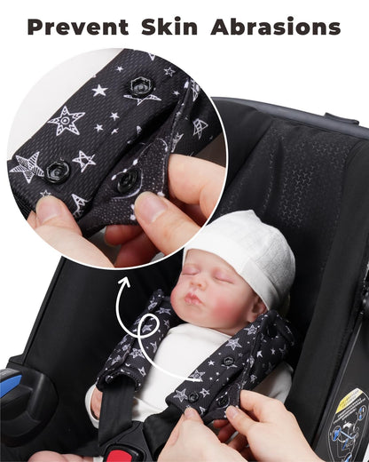 2 Pack Car Seat Belt Covers for Baby Kids, Reversible Soft Car Seat Shoulder Strap Pads, Seatbelt Cushion, Neck Strap Covers for Stroller, Carrier, Pushchair (Black Star)