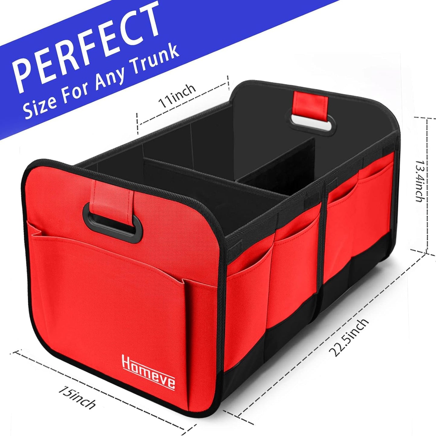 Homeve Car Trunk Organizer for SUV, 18.5Gal Large Capacity No-Sag Heavy Duty, Foldable Waterproof Anti-Slip Storage with 12 Pockets, Fit Sedan,Truck, Universal Car Accessories, Black, Large, 2 Compart