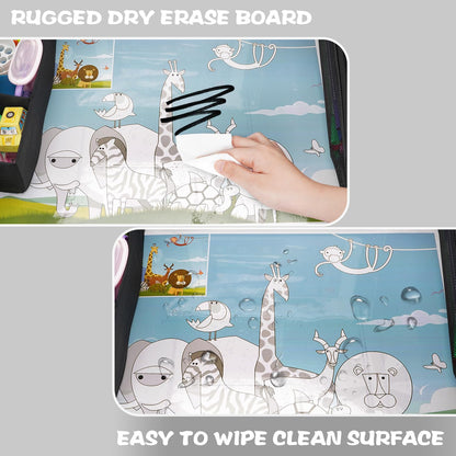 MENZOKE Kids Travel Tray for Toddler Car Seat, Road Trip Activities for Kids with iPad Holder Stand & Dry Erase Board, Road Trip Essentials Accessories Lap Tray as Travel Gifts for Kid, Pink