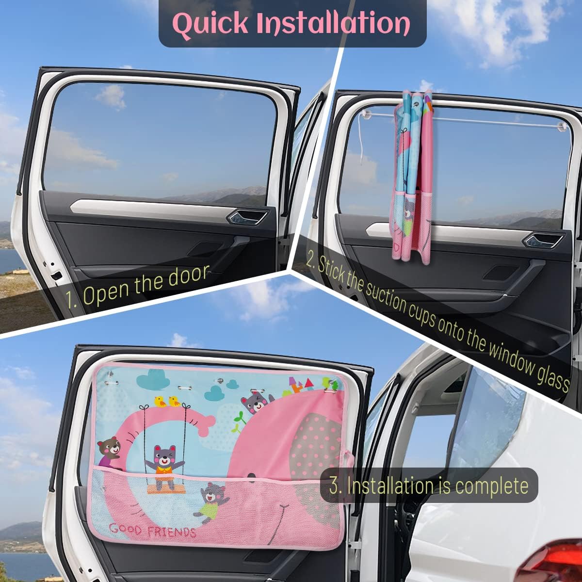 Car Sun Shade Side Window, 2 Pcs Blackout Car Window Shade for Baby Privacy with Storage Net Pockets Auto Curtains 7 Suction Cups for Heat/UV Protection Sun Block Covers