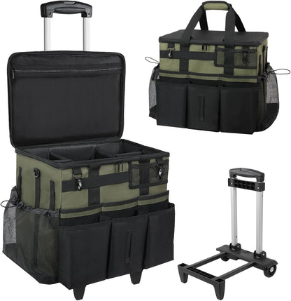 SCAVATA Rolling Cleaning Caddy Bag with Detachable Trolley, Large Cleaning Supplies Organizer with Wheels, Multi Pocket Cleaning Cart with Adjustable Shoulder Strap for Housekeepers & Home Use, Black