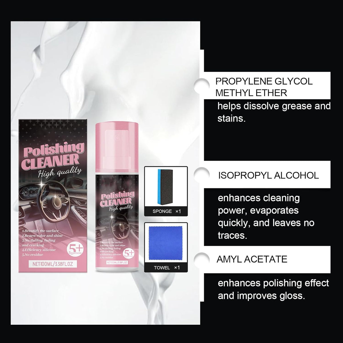 3Pcs Car Interior Cleaner,Polishing Cleaner Car Interior,All Purpose Interior Detail Spray, All Purpose Cleaner for Rubber, Leather
