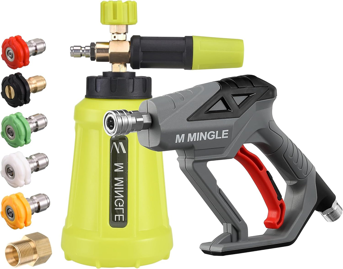 M MINGLE High Pressure Washer Gun with Foam Cannon, Foam Cannon Dual Connector Accessory, Car Wash Foam Gun Kit 1/4 Inch Quick Connector, 5 Pressure Washer Nozzle Tips