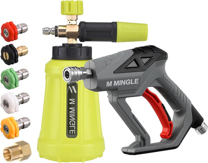 M MINGLE High Pressure Washer Gun with Foam Cannon, Foam Cannon Dual Connector Accessory, Car Wash Foam Gun Kit 1/4 Inch Quick Connector, 5 Pressure Washer Nozzle Tips