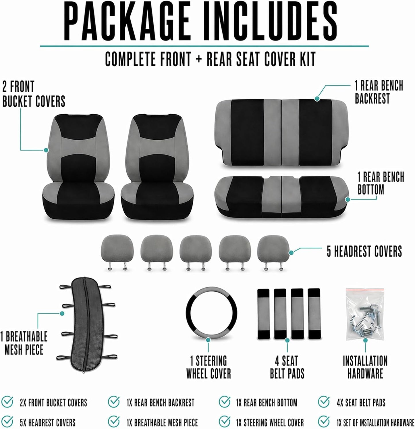 FH Group Full Set Cloth Car Seat Covers, Universal Fit Front and Split Bench Rear, Airbag Compatible, Washable for SUV, Sedan, Van - Black