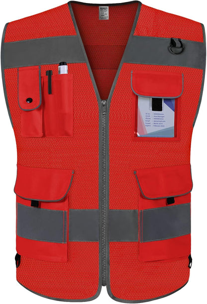 TCCFCCT Safety Vest for Men Women 9 Pockets High Visibility Vest for Safety, Reflective Work Vest with Reflective Strips, Meets ANSI/ISEA Standards, (Yellow, Large)