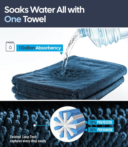 Wigoo Premium Microfiber Car Drying Towel 1300 GSM, 36" x 24" [Ultra-Absorbent, Streak-Free] Dual-Sided Edgeless Cleaning Towels with Twisted Loop, for Auto Detailing, Cars, SUV, Truck (2 Sizes)