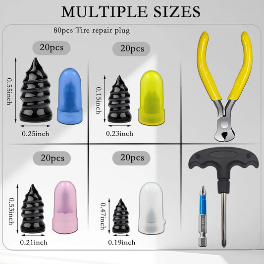 80Pcs Tire Repair Rubber Nails Kit with 4 Sizes, Vacuum Tire Repair Rubber Nail, Screw in Tire Repair Plugs, Tire Rubber Nails Tool, Quick Self-Service Tire Repair Tools for Car, Motorcycle, Truck