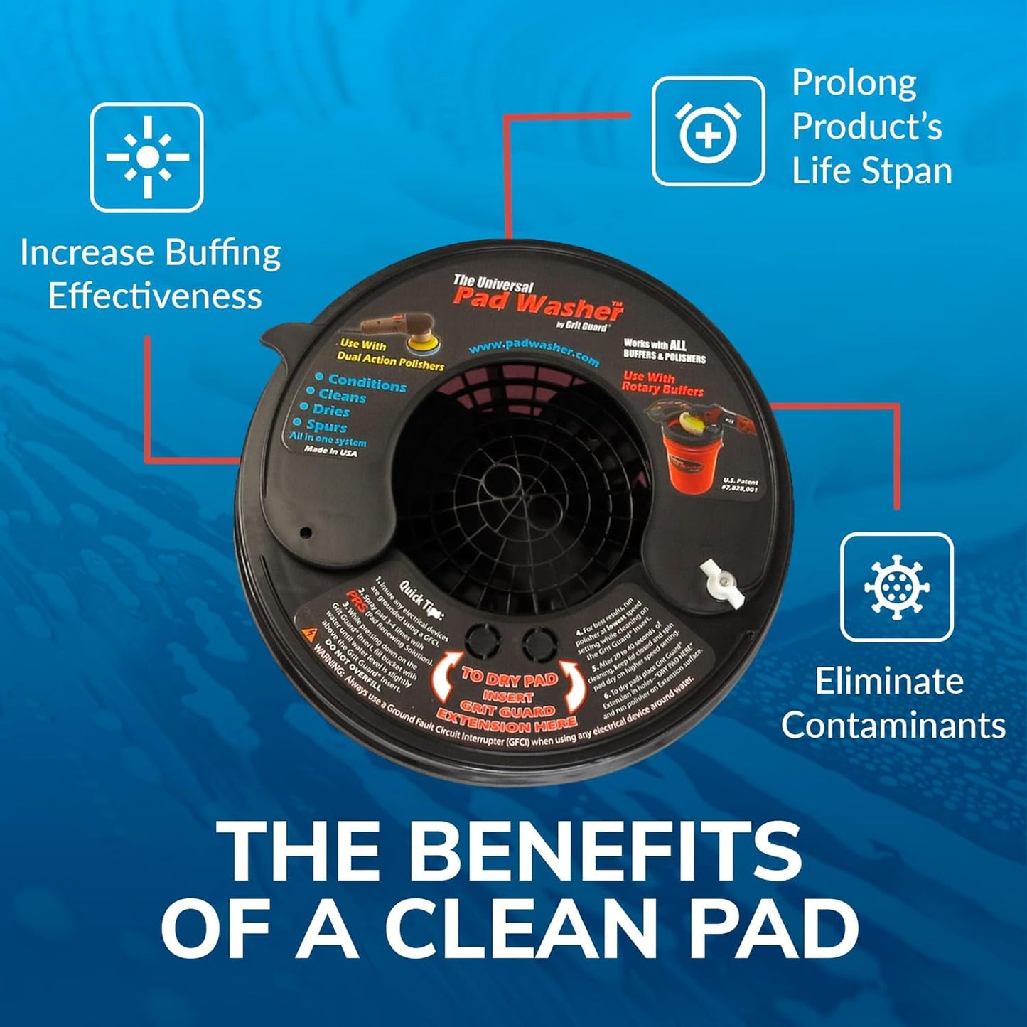GRIT GUARD Universal Pad Washer Kit - Polishing Pad Cleaner Compatible with Dual Action Rotary and Orbital Polisher Foam, Wool, Microfiber, Felt Disc - Made in the USA
