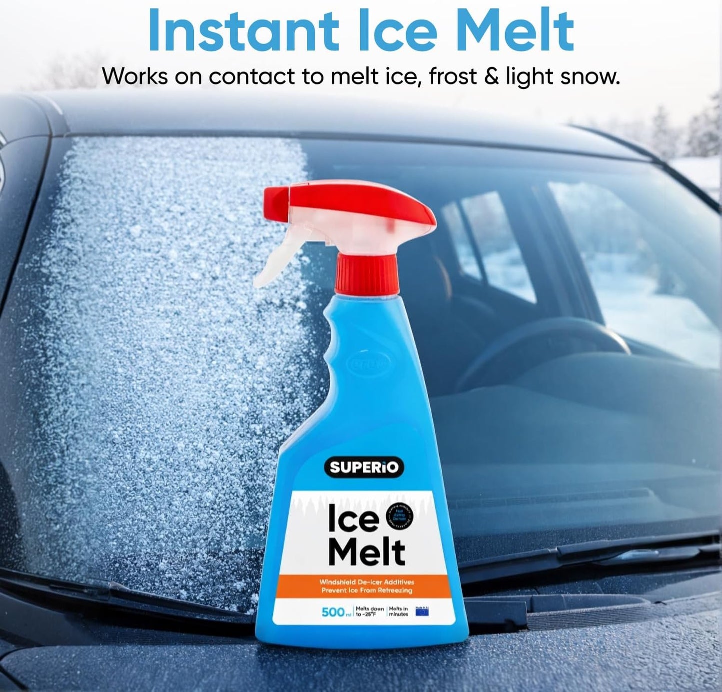 Superio Windshield Deicer for Car – Winter Ice Melt & Defroster, Washer Fluid Safe, 17 oz