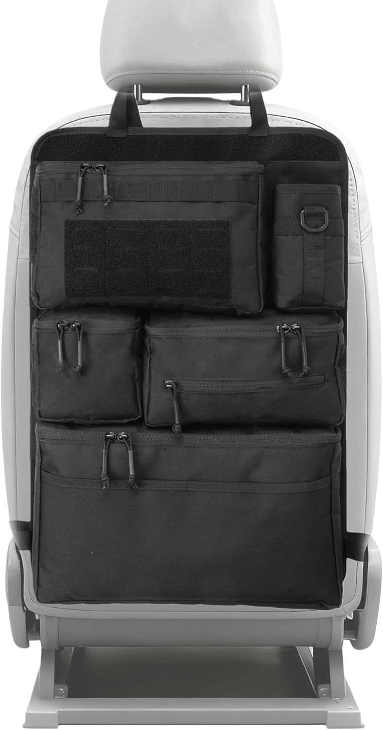 6 Pack Tactical Molle Car Seat Back Organizer - Tactical Vehicle Panel Organizer with 5 Detachable Molle Pouch,US Flag Patch and Keychain,Great Trunk Accessories for Man