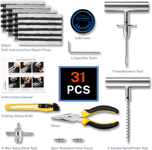 AUTOWN Flat Tire Repair Kit with Plugs 31 Pcs for Car, Motorcycle, ATV, Jeep, Truck, Tractor Flat Tire Puncture Repair