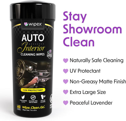 Wipex Auto Interior Car Cleaning Wipes - Plant Based Car Wipes - Lavender Essence, Safe for Vinyl, Rubber, Plastic, Leather, Chrome, Non-Greasy Matte Finish, UV Protectant, 40Ct Car Detailing Supplies