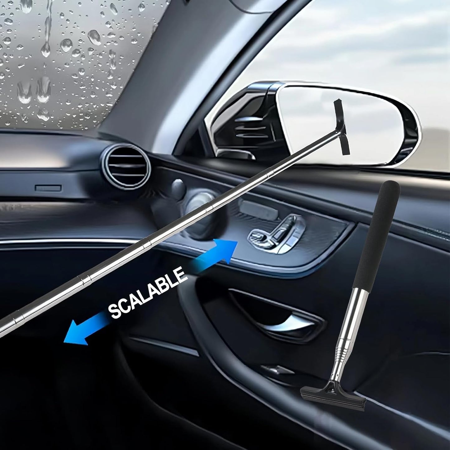 Car Rear View Mirror Wiper, 38.58 In Handle Car Window Squeegee, Retractable Auto Glass Squeegee, Portable Mirror Cleaner Tool for Auto Glass Water Removal Fog Snow (Black)