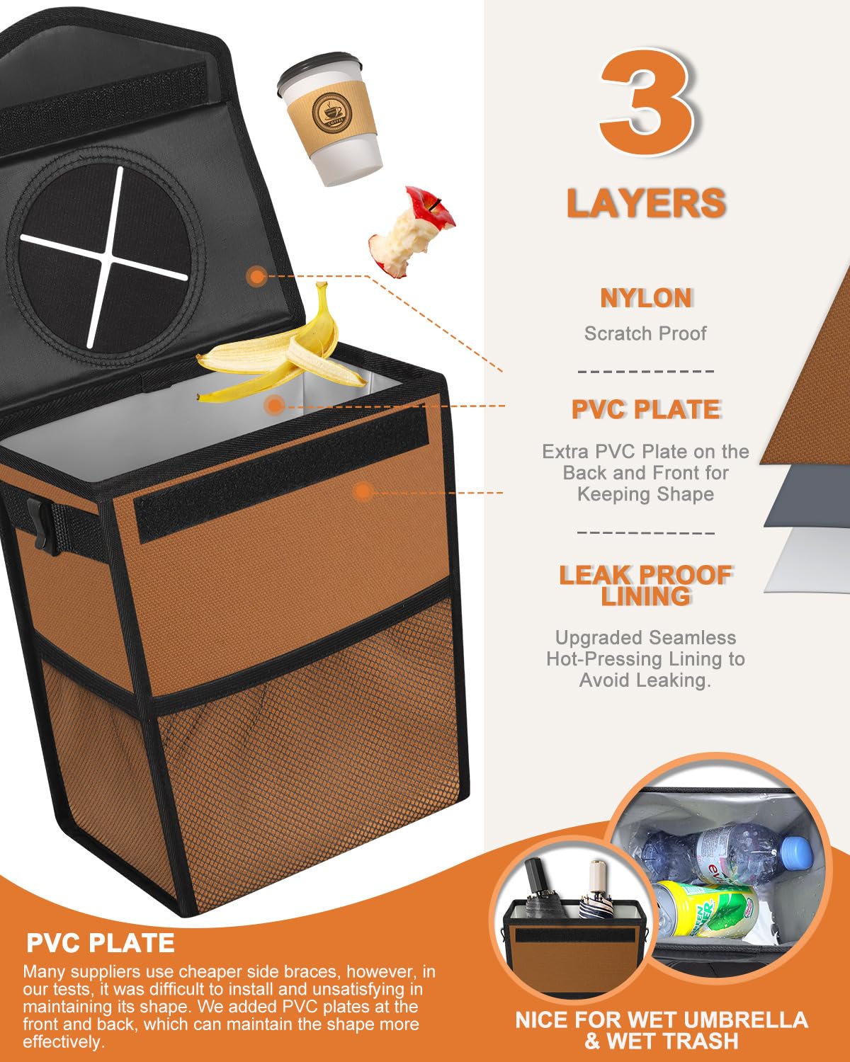 Pritent Car Trash Can with Lid, Cute Leakproof Car Trash Garbage Bag Hanging Vehicle Trash Bin Small Portable Automotive Garbage Cans Organizer for Back/Front Seat/Console(Trapezoid,Black)
