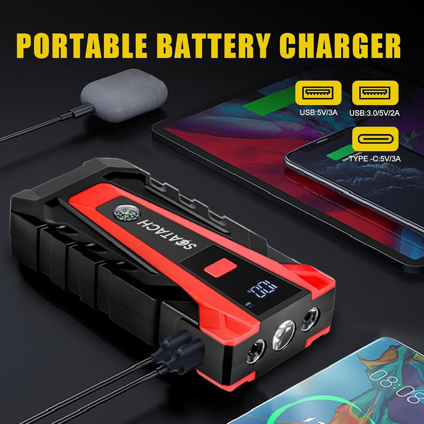 Scatach 3000A Car Battery Jump Starter,12V Jump Starter Battery Pack Portable (up to 9.0L Gasoline and 7.0L Diesel Engine), Jump Box with 3 Modes Flashlight and Jumper Cables