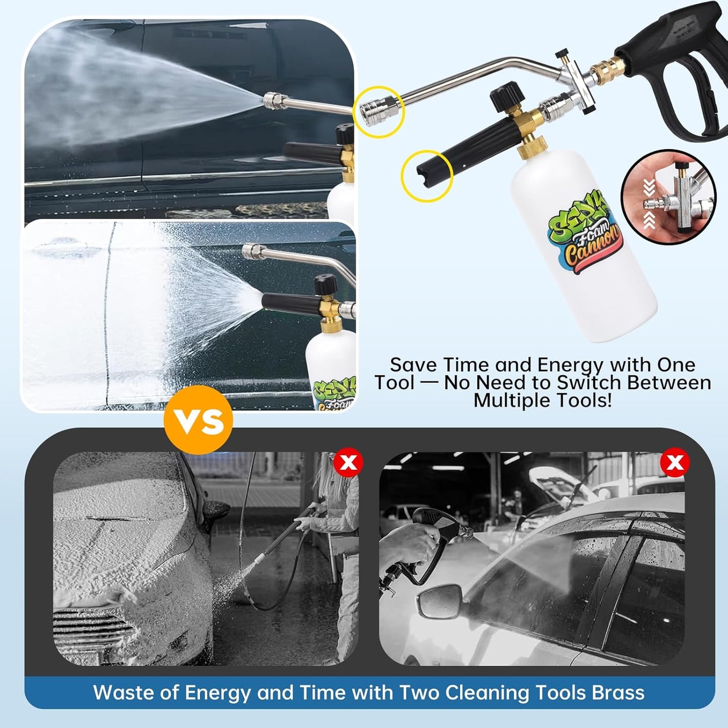 SEPLY Foam Cannon for Pressure Washer Gun Kit with Dual Connector Accessory, Car Wash Foam Gun with 5 Pressure Washer Nozzle Tips 3/8'' Swivel Quick Connector and M22-14mm and M22-15 mm Fitting