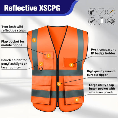 Safety Vests 20 Pack,Hi Vis Construction Vest with 5 Pockets and Zipper,Reflective Vest for Men Women Work One Size