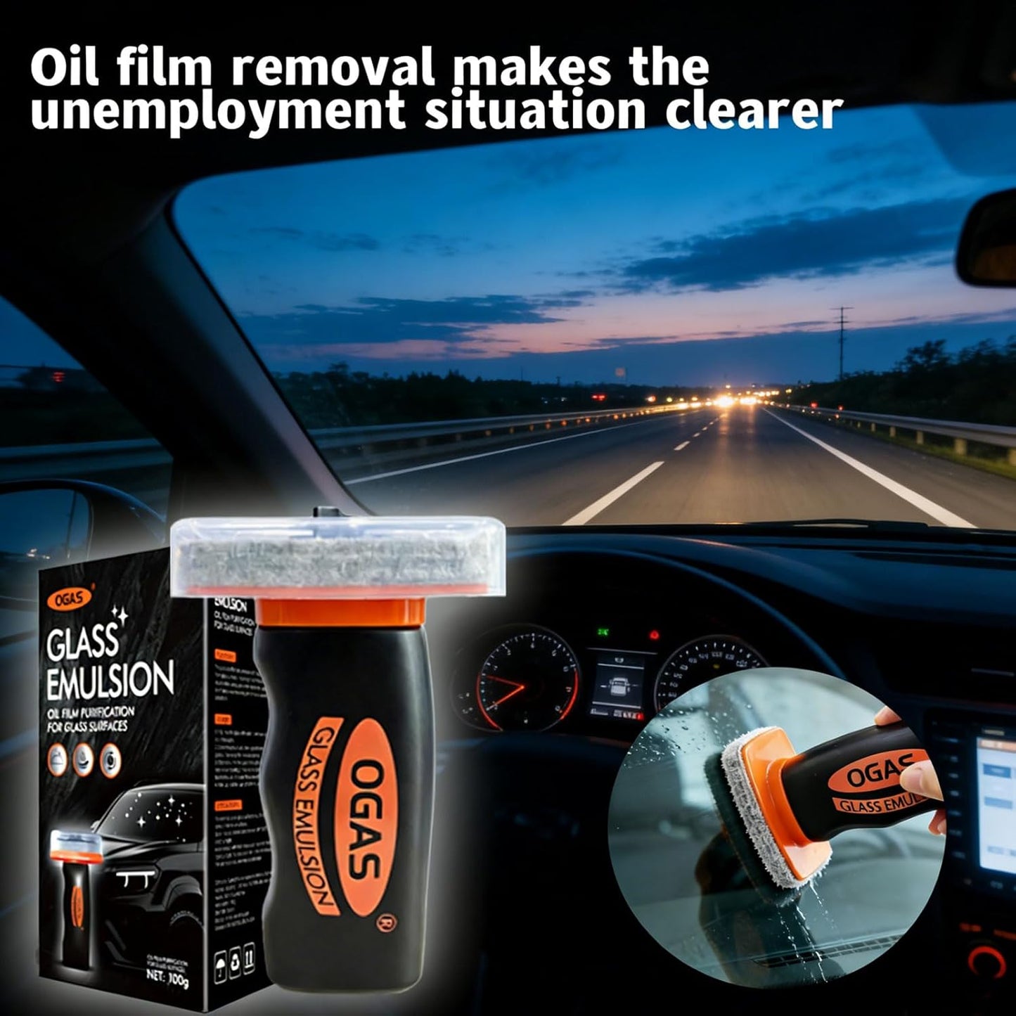 1PCS Glass Oil Film Remover for Car Windshield, Glass Emulsion Cleaner with Cleaning Board, Handle Oil Film Remover For Cars Window, Windshield Cleaner Tool for Crystal Clear Driving View
